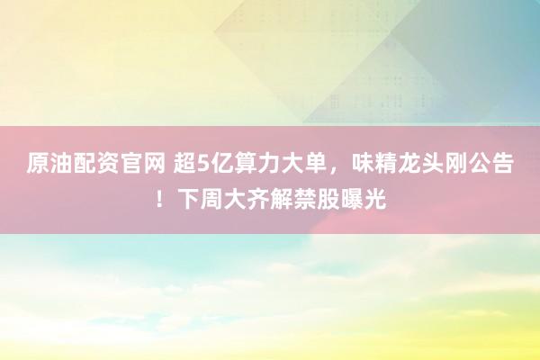 原油配资官网 超5亿算力大单，味精龙头刚公告！下周大齐解禁股曝光